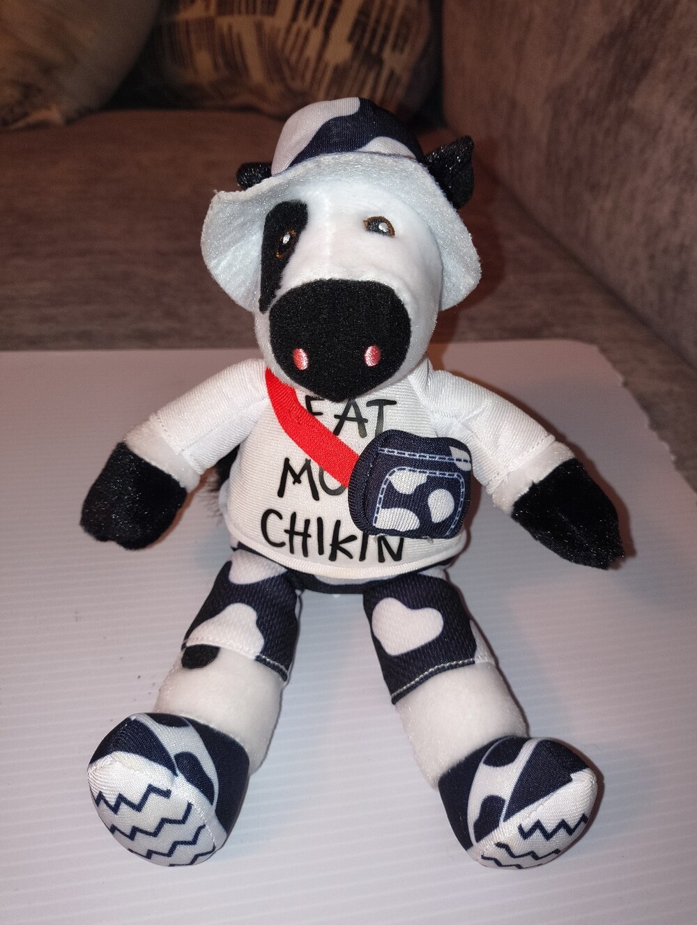 Plush Chick Fil A Cow Toy - White and Black Sitter with Red Strap